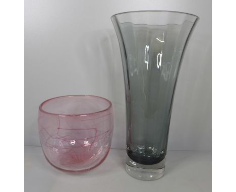 A Dartington grey flared glass vase and a pink art glass bowl - signed, limited edition 10/88 