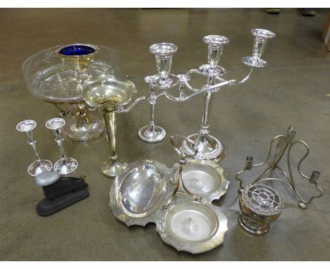 A box of mixed silver plate including two candelabra **PLEASE NOTE THIS LOT IS NOT ELIGIBLE FOR POSTING AND PACKING** 