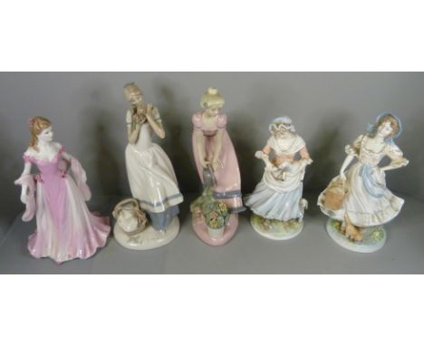 Three Royal Worcester figures and two other figures, one a/f, watering can damaged 