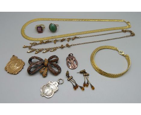 A white metal ring with control mark, a silver fob, a/f, other fobs and costume jewellery 