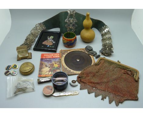 A miniature mouth organ, two Cow &amp; Gate advertising cards, a mesh purse, a/f, a silver plate and leather belt, a Mont St.