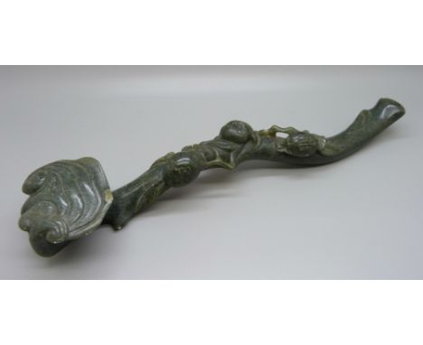 A 19th Century spinach jade Ruyi Sceptre, repaired, 30cm 