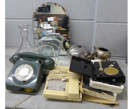 Two telephones, one a/f, a mirror, a Micro Record Player, two glass decanters and a three piece plated tea service **PLEASE N