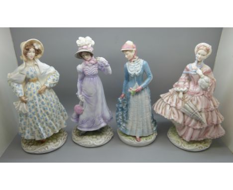 Four Royal Worcester figures, Walking Out Dresses of the 19th Century 