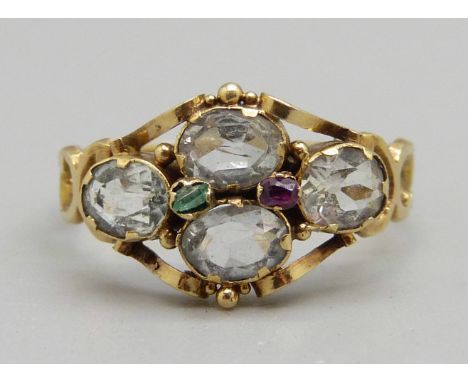 An antique ring set with rock crystal and a small emerald and ruby, 1.8g, O 