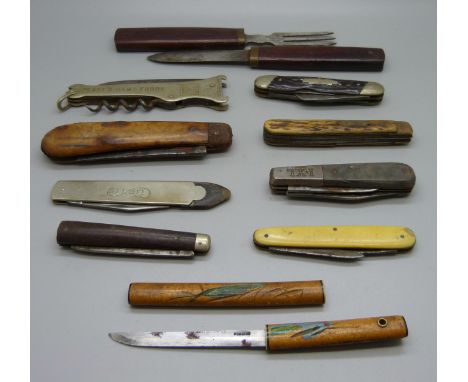 A collection of knives including Spratt's advertising and a knife and fork combination 