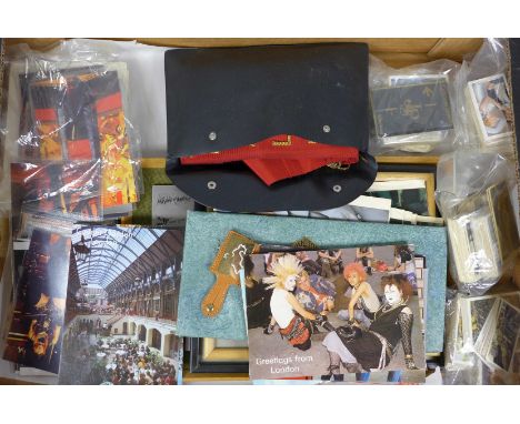 A KOM lodge sash, one other, cigarette cards, postcards, others including Eastenders, a mining share certificate, etc. 
