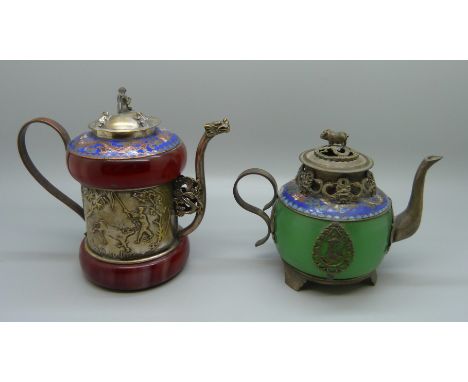 Two small oriental tea pots with enamel detail 
