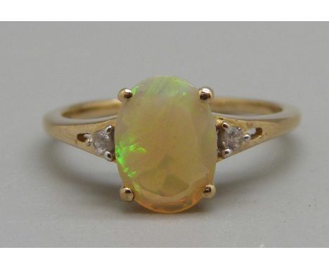 A 9ct gold, Ethiopian opal and zircon ring, 1.8g, M, with certificate 