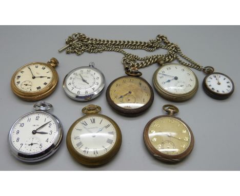 A gun metal cased Omega pocket watch and seven other watches 