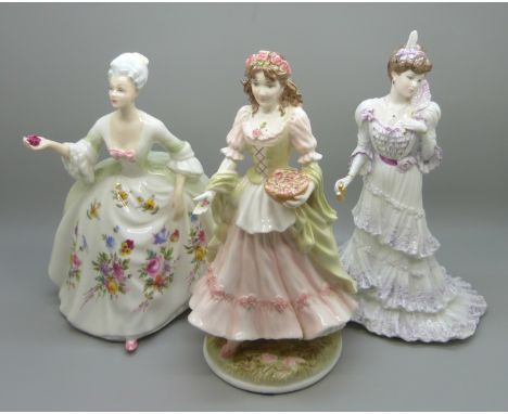 Three figures; Coalport Eugenie, Royal Worcester The Queen of the May and Royal Doulton Diana 