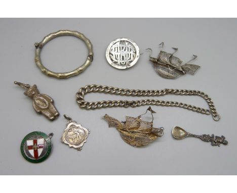 Silver jewellery, etc., including a billiards fob medal, Teddy a/f 