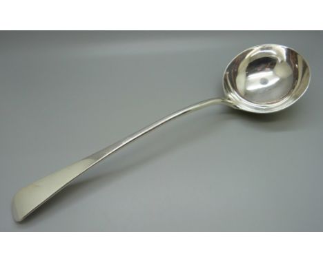 A large, heavy Victorian silver soup ladle, London 1886, Charles Boyton (II), 279g, 34cm 