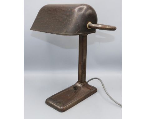 1930's anodised metal desk lamp, with adjustable shade on tapered square support and tapered rectangular base,  W31cm D20cm H