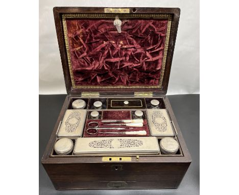Victorian rosewood dressing case, fitted interior with mirror, lift out tray, ten EPNS topped glass jars and mother of pearl 