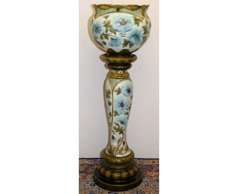 Burmantofts Faience jardiniere on pedestal, relief decorated with blue Peony flowers and green leafage, impressed BURMANTOFTS