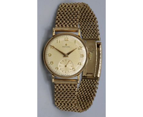 Zenith - 9ct gold hand wound wristwatch, signed Arabic champagne dial with outer minute track and subsidiary seconds, three p