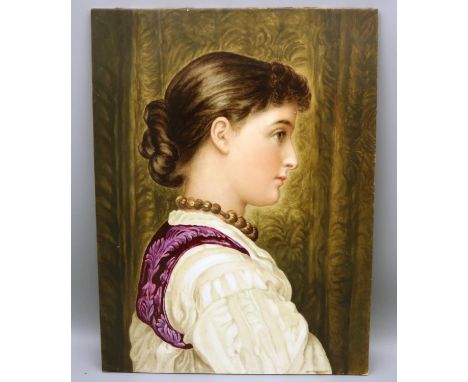 KPM style porcelain rectangular plaque painted with a portrait of a young girl, head and shoulder with hair in a bun wearing 