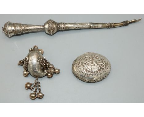 Early C20th foreign white metal Torah pointer, decorated with scrollwork and stylised foliage, some faults, L23cm, a Continen