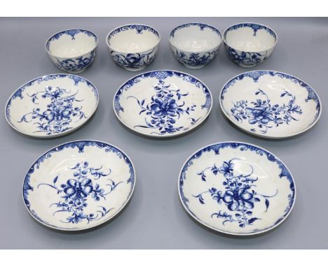 Four early Worcester Mansfield pattern blue and white tea bowls and five saucers, with Crescent or script W marks, 