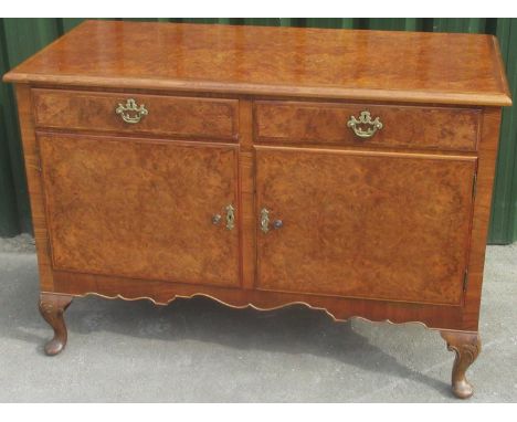 Maple &amp; Co. Queen Anne style burr and herring banded walnut side cabinet with moulded top above two drawers and two doors