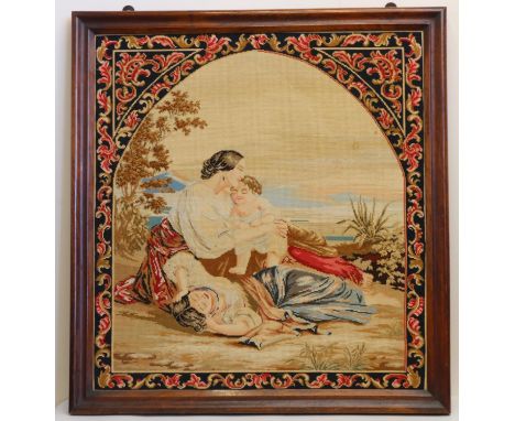 Victorian coloured woolwork study of three sisters, in Gothick arch border and moulded rosewood frame, 81cm x 71cm max 
