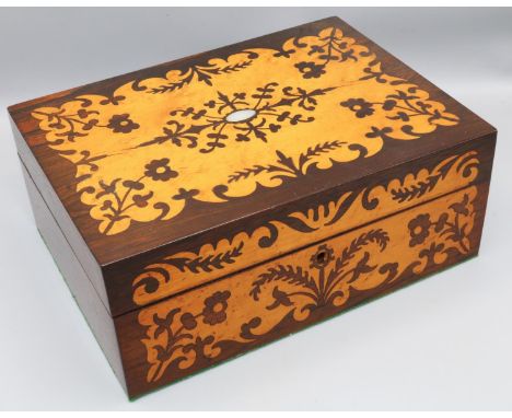 Victorian satinwood inlaid rosewood rectangular sewing box, hinged top with mother of pearl cartouche, interior with letter c