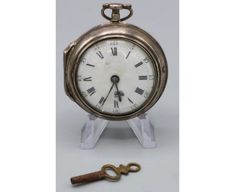 Richard Francis Attleburgh - George II hallmarked silver pair case pocket watch, white enamel Roman dial with outer dot and f