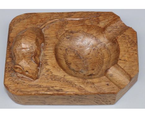 Robert Mouseman Thompson of Kilburn - an oak canted rectangular ashtray, carved with signature mouse, W10cm D7.5cm 