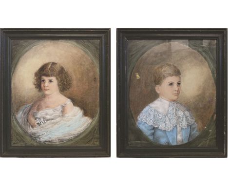 Faith K. Boswell (British fl. 1918-1938); Portrait studies of a boy and girl, head and shoulders, pastels in painted ovals, s
