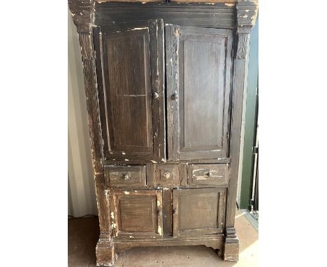 C19th country made painted pine cupboard, with two panel doors, two real and one faux drawers above two further doors, WS118c