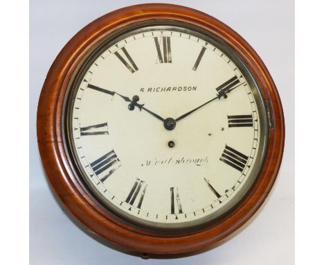 R Richardson Middlesbrough - C19th mahogany wall clock, signed 12in circular white Roman dial with clover leaf hands and bras