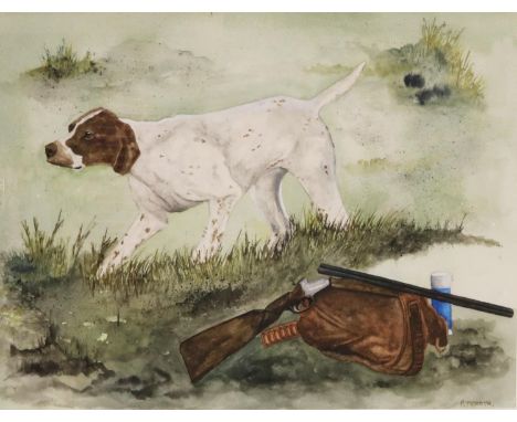 P. Moneta (C20th); Pointer with gun, bag and flask in a landscape, watercolour, signed, 30cm x 39cm 