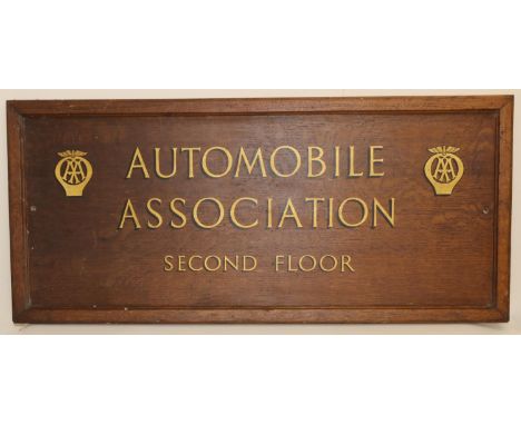 C20th oak rectangular sign board, gilt lettered 'Automobile Association Second Floor' between two AA badges, W91cm D41cm 