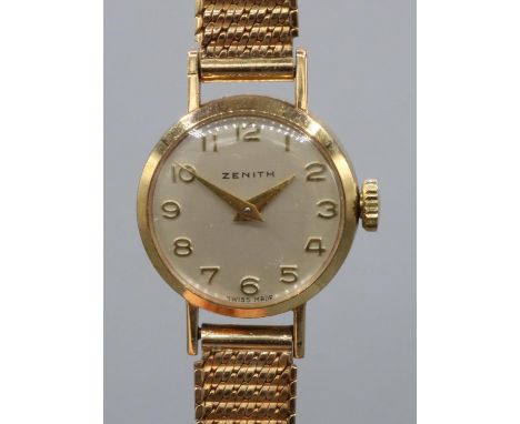 Zenith - lady's 9ct gold hand wound wristwatch, signed silvered dial with applied Arabic hours, two piece case on ladder styl