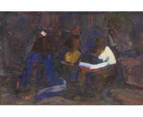 Wieslaw Pilawski ROI (Polish 1916-1972 ); Three children seated on floor, oil on panel, signed, inscribed verso with personal