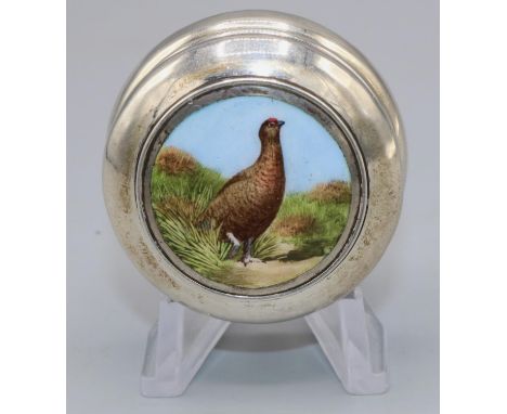 C20th hallmarked silver circular table snuff box, cover painted with a study of a Grouse in a landscape, Chester hallmark unc