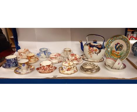 A Victorian/ Edwardian cups &amp; saucers &amp; early Quimper cockerel plate