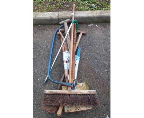 A bundle of garden tools including shovels, COLLECT ONLY