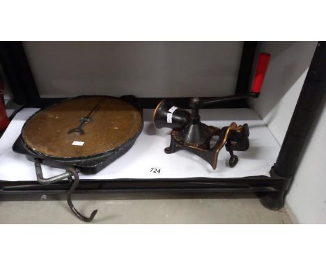 A large vintage brass faced 400lb balance scales &amp; cast iron Spong coffee grinder