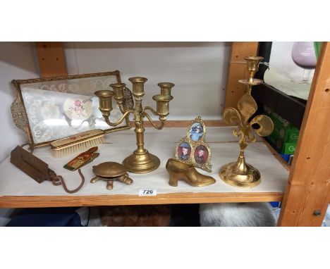 A selection of brassware including candelabra &amp; balance scale