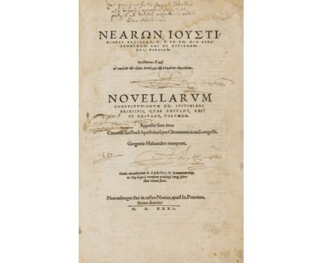 Law.- Justinianus I. Novellarum constitutionum Dn. Iustiniani principis, collation: α8, β4, a-z4, A-E4, F6, a-z4, A-I4, K6 (l