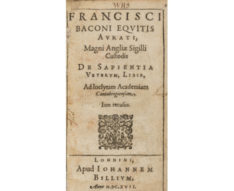 Bacon (Sir Francis) De Sapientia veterum, second edition, title with small woodcut ornament, woodcut head-pieces and decorati