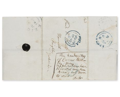 Brontë [married name Nicholls], Charlotte [pseud. Currer Bell], novelist, 1816-55) Autograph address panel of a letter sent t