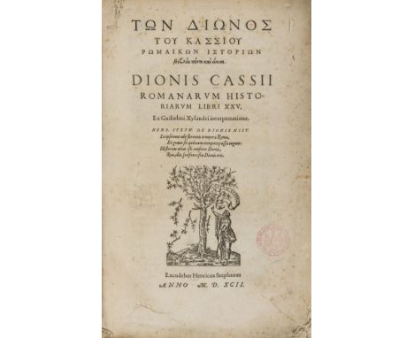 Dio Cassius. Historiarum libri xxv, collation: ¶6, a-z6, aa-zz6, aaa-yyy6; [12], 792, [24] pp., Estienne's woodcut device on 