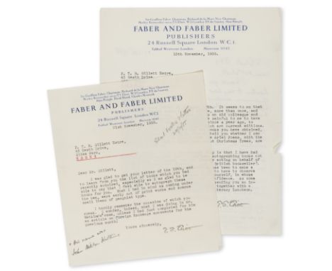Eliot (T.S.) 2 Typed Letters signed to P.T.R. Gillet, each with small manuscript addition to foot in Eliot's hand, each 1p., 