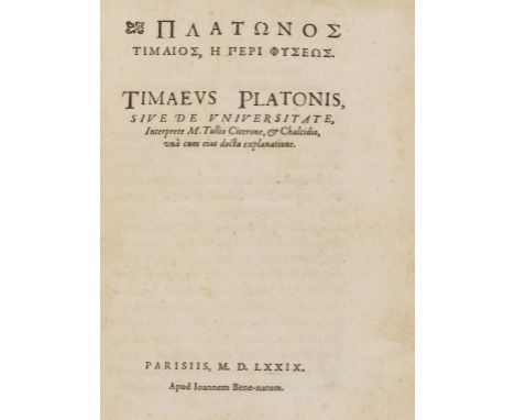 Plato. Timaeus Platonis, sive de universitate, 2 parts in 1,  collation: A-Q4; A-Z4, Aa-Cc4, Dd2; 127, [1]; 212 pp., lacking 