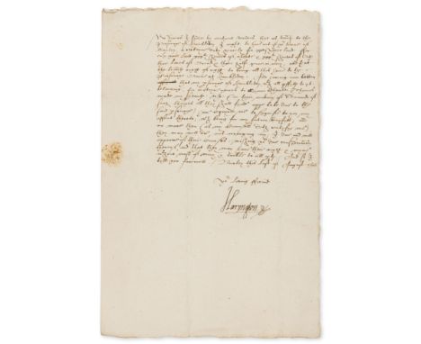 Harington (John, first Baron Harington, of Exton Hall, courtier and politician, 1540-1613) Letter signed to the inhabitants o
