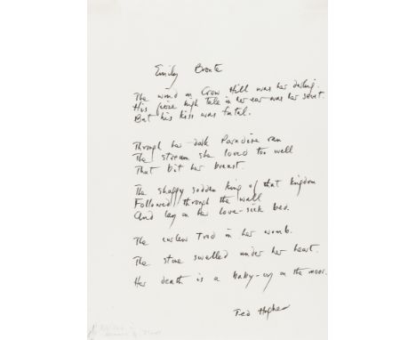 Hughes (Ted, poet and writer, 1930-98) Emily Brontë, autograph manuscript, 1p., pencil note at tail: "Published in Remains of