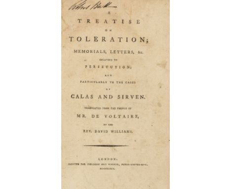 Voltaire (Francois Marie Arouet de) A Treatise on Toleration..., translated by Rev. David Williams, 2 parts in 1, title brown